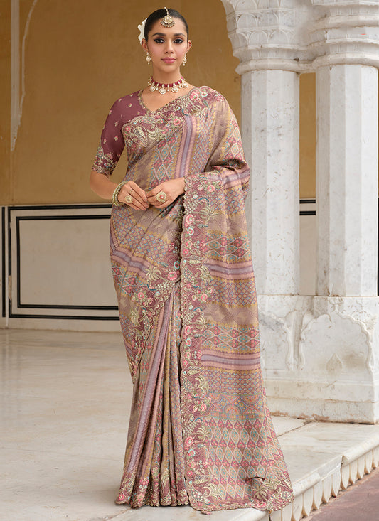 Zari Silk Dusty Pink Wedding Wear Embroidery Khatil Work Wedding Saree 388435