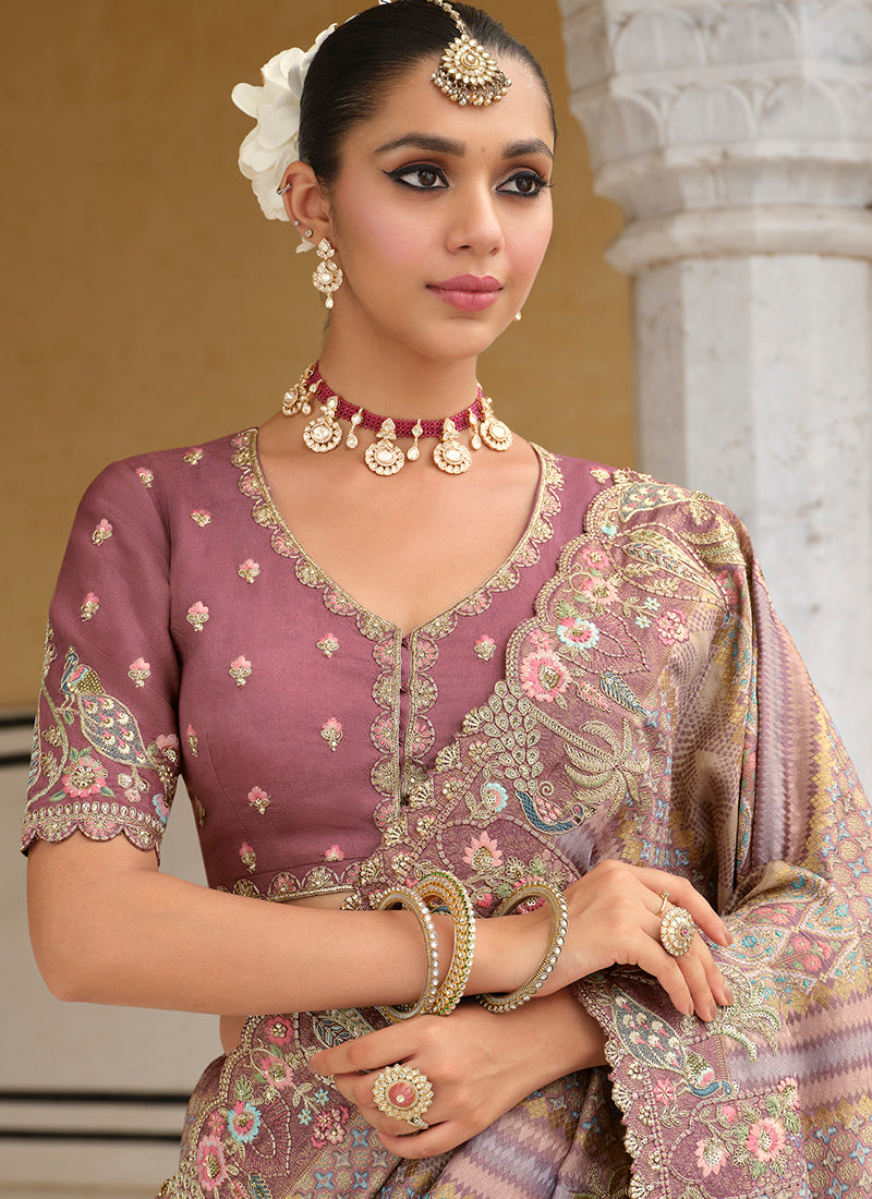 Zari Silk Dusty Pink Wedding Wear Embroidery Khatil Work Wedding Saree 388435