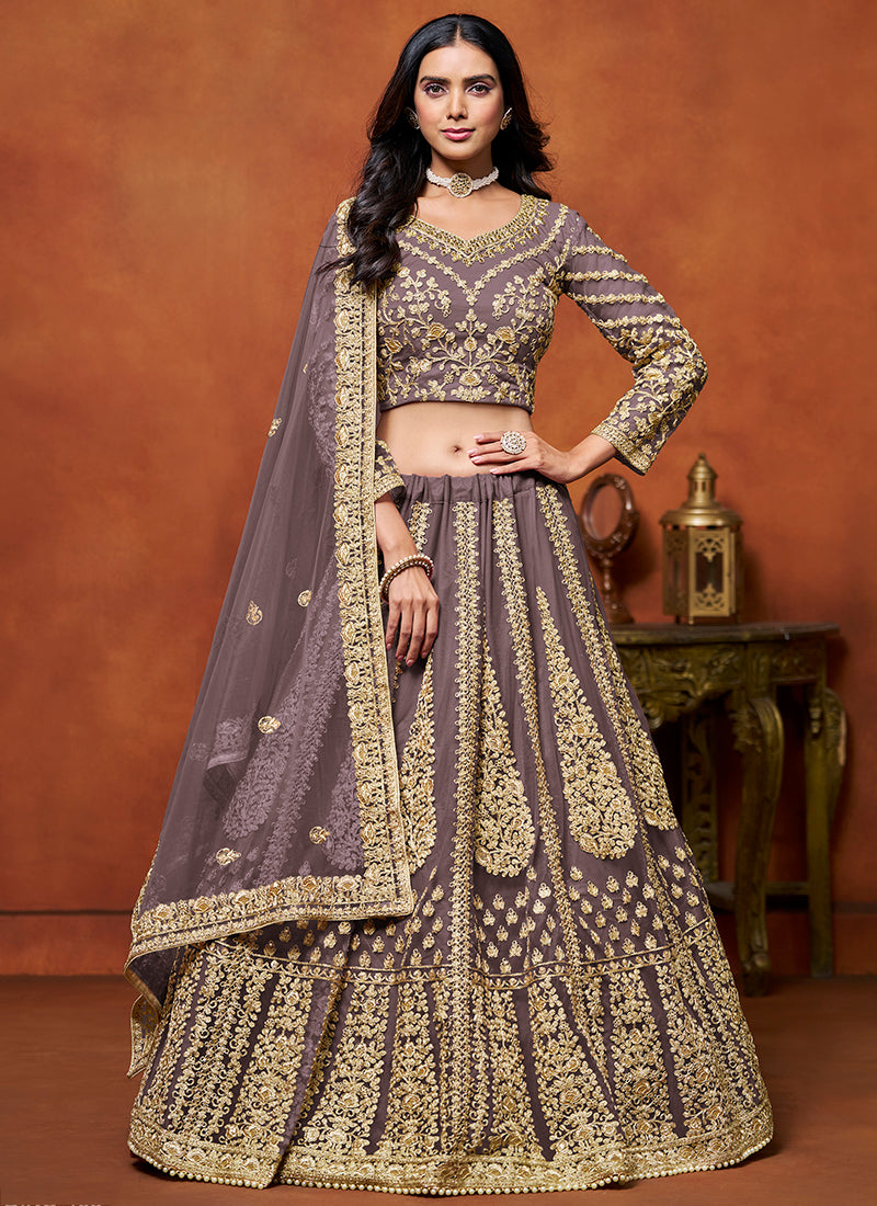 386709 Net Dusty Purple Wedding Wear Zari Embroidery Work Lehenga Choli
