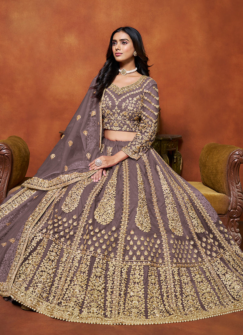 386709 Net Dusty Purple Wedding Wear Zari Embroidery Work Lehenga Choli