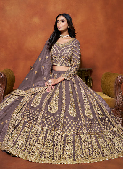386709 Net Dusty Purple Wedding Wear Zari Embroidery Work Lehenga Choli