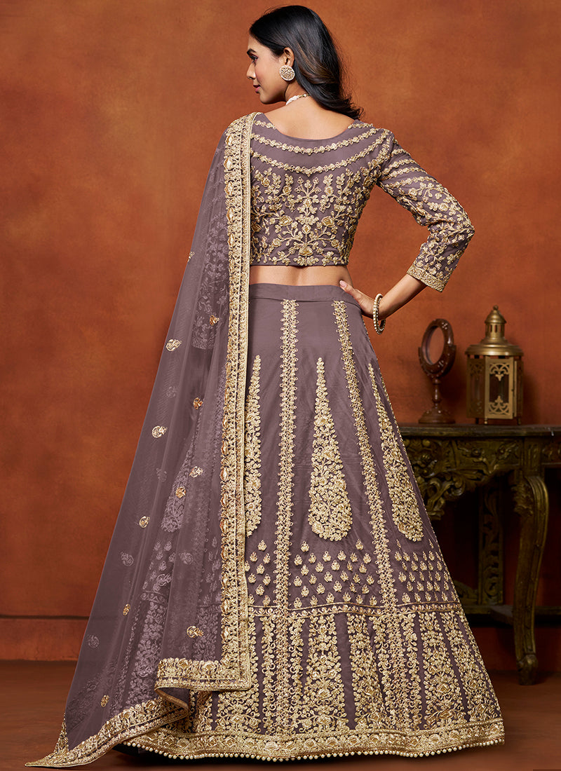 386709 Net Dusty Purple Wedding Wear Zari Embroidery Work Lehenga Choli