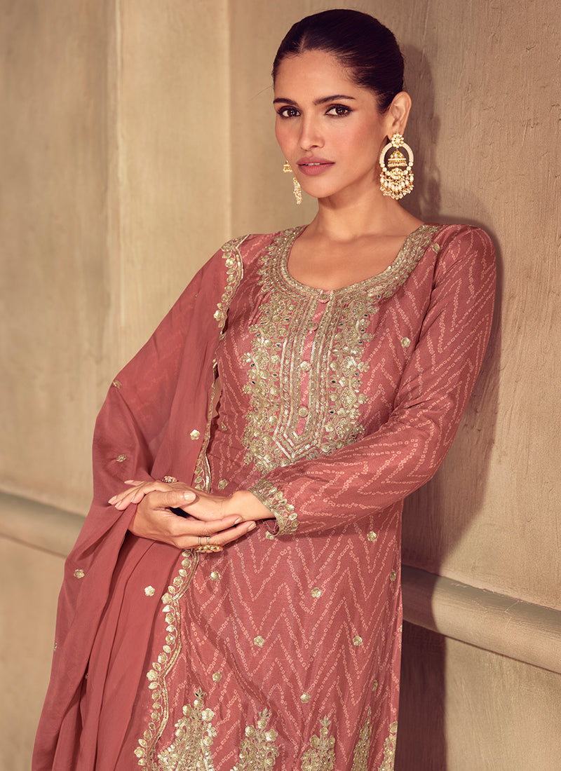 Chinnon Dusty Rose Festival Wear Embroidery Work Readymade Palazzo Suit 385001