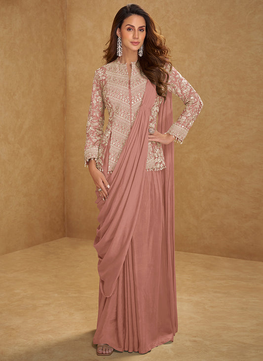 Dusty Rose Chinon Embroidery Work Party Wear Readymade Ethnic Wear Saree SW381788