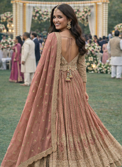 Dusty Rose Chinon Embroidery Work Wedding Wear Readymade Anarkali Suit SW705332