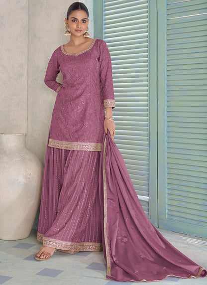 Dusty Rose Chinon Embroidery Work Wedding Wear Readymade Plazzo Suit SW491588