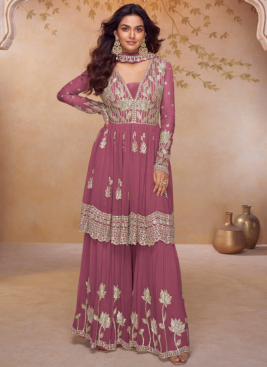 Dusty Rose Chinon Embroidery Work Wedding Wear Readymade Sharara Suit SW346944