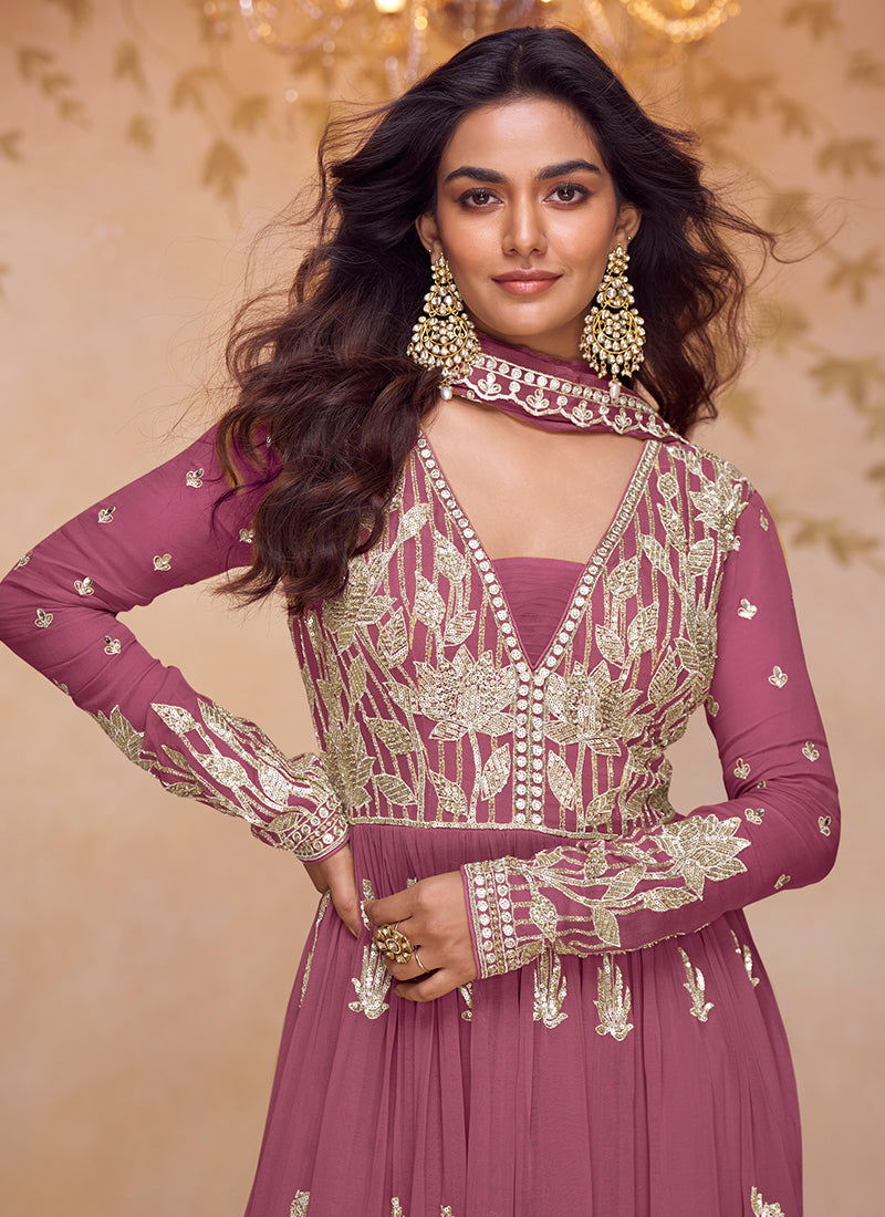 Dusty Rose Chinon Embroidery Work Wedding Wear Readymade Sharara Suit SW346944