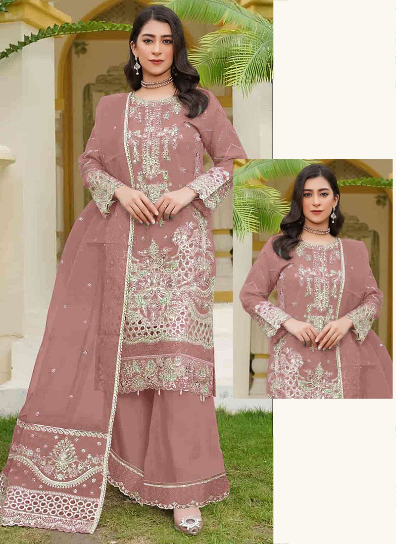 Faux Georgette Dusty Rose Eid Wear Embroidery Work Pakistani Suit 388568