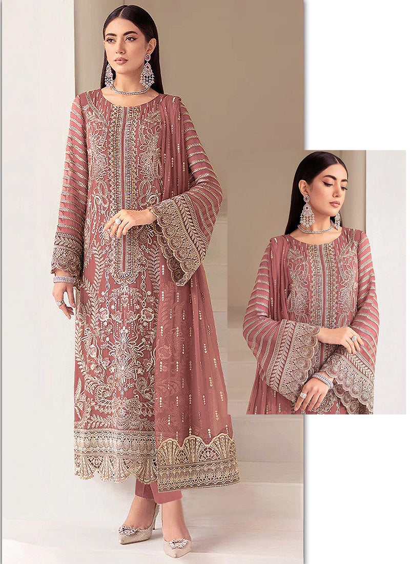 Faux Georgette Dusty Rose Eid Wear Zari Embroidery Work Pakistani Suit 388382