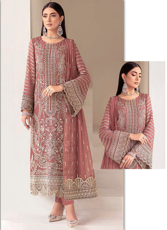 Faux Georgette Dusty Rose Eid Wear Zari Embroidery Work Pakistani Suit 388382