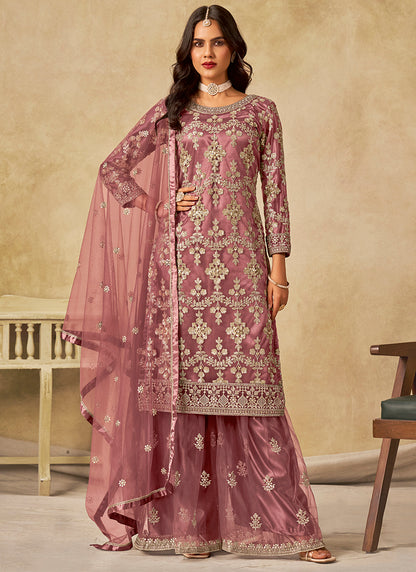Net Dusty Rose Wedding Wear Embroidery Work Palazzo Suit 385169