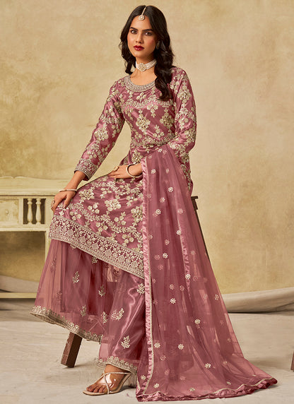 Net Dusty Rose Wedding Wear Embroidery Work Palazzo Suit 385169