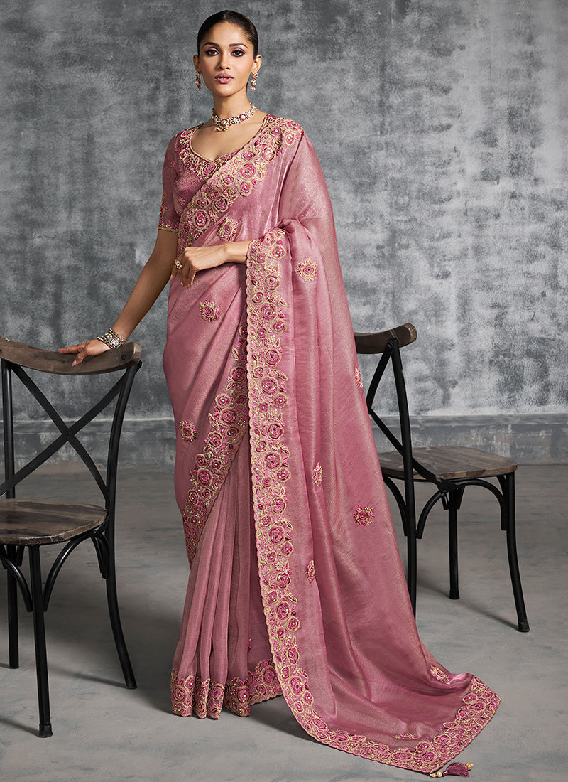 Silk Dusty Rose Saree with Embroidery Work for Wedding Wear 385015