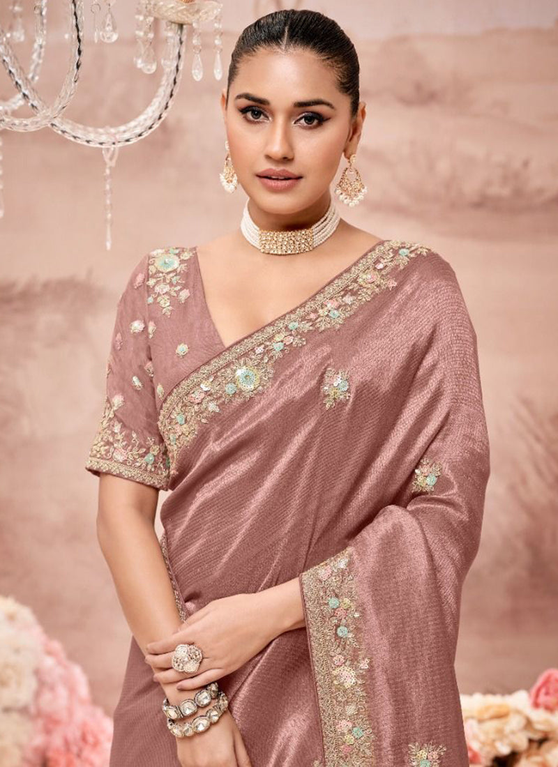 Dusty Rose Silk Hand Work Wedding Wear Saree SW101419