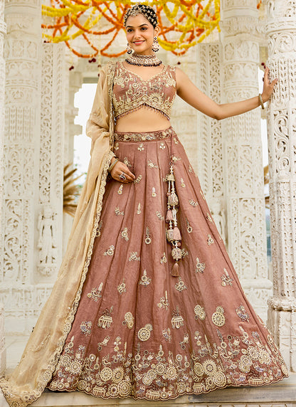 Tissue Dusty Rose Wedding Wear Heavy Embroidery Readymade Lehenga Choli