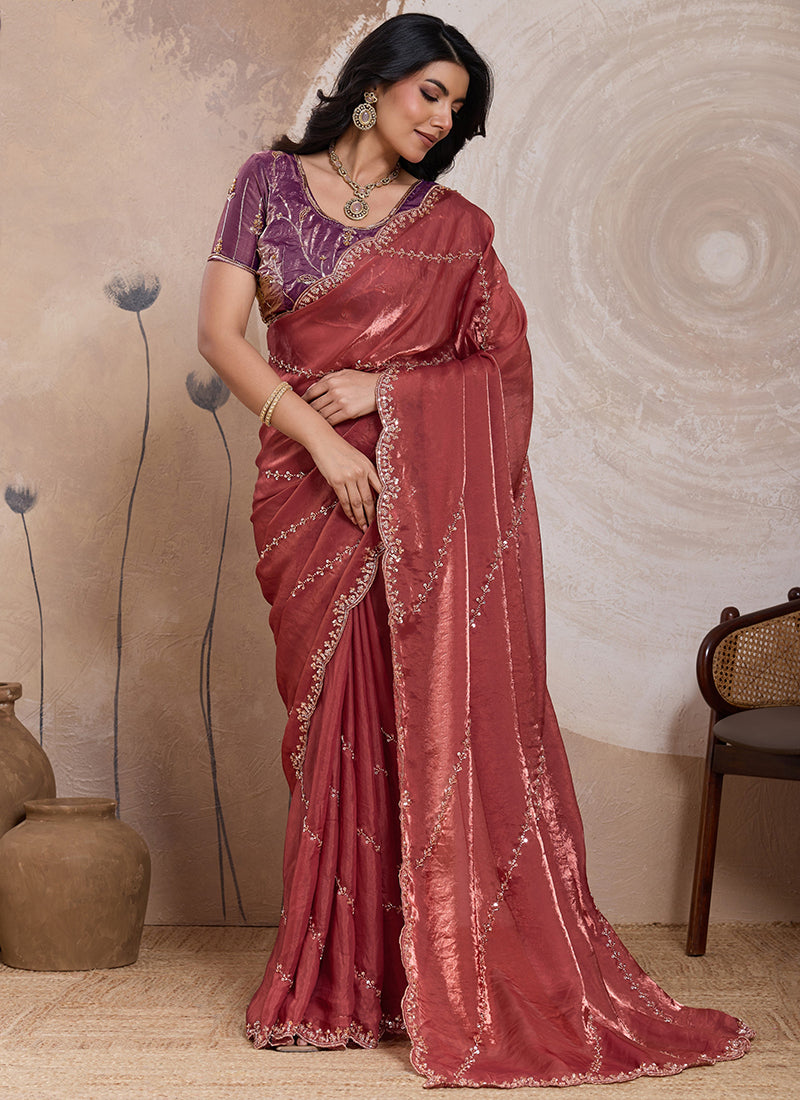 Dusty Rose Velvet Satin Beads Work Party Wear Saree SW669207