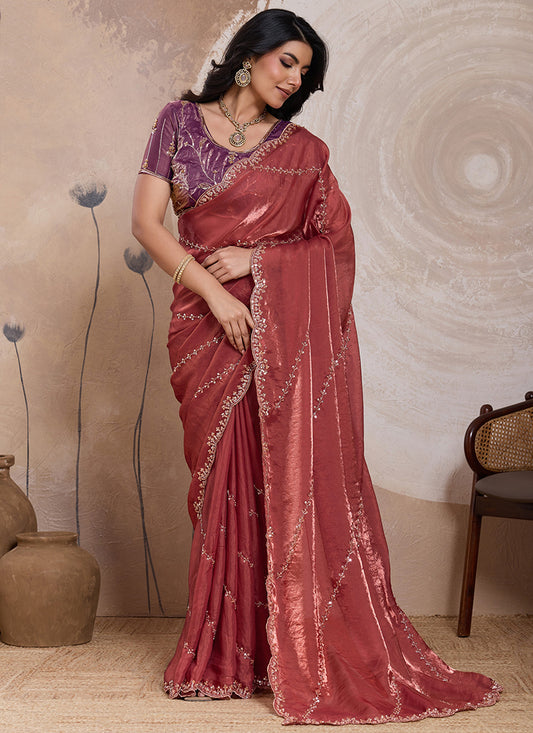 Dusty Rose Velvet Satin Beads Work Party Wear Saree SW669207