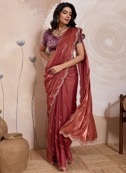 Dusty Rose Velvet Satin Beads Work Party Wear Saree SW669207