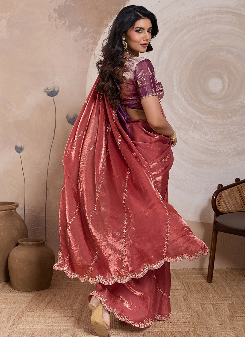 Dusty Rose Velvet Satin Beads Work Party Wear Saree SW669207