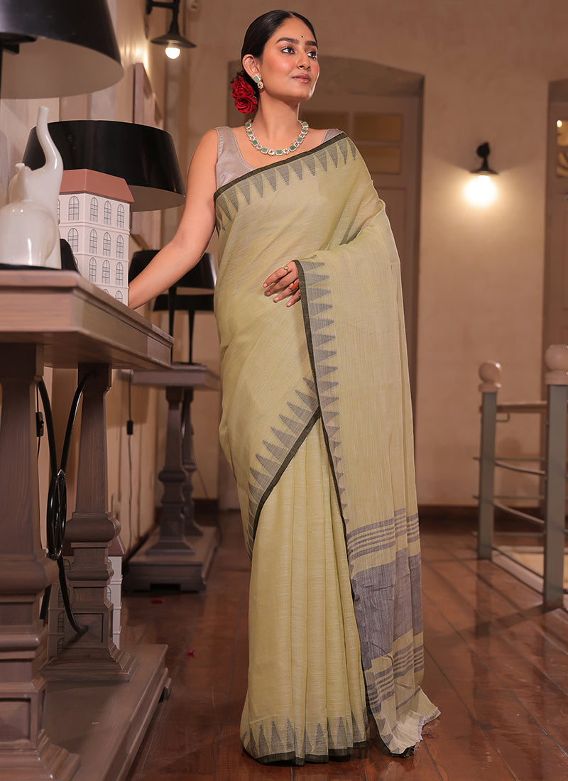 Cotton Dusty Yellow Saree with Weaving Work for Daily Wear 382882