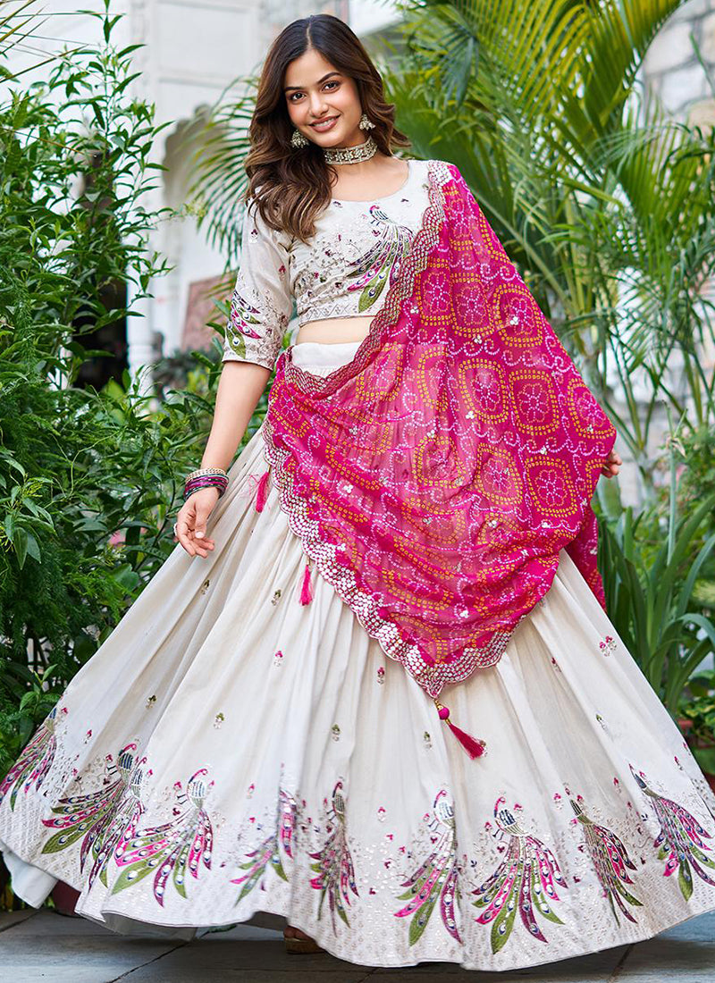 Tissue Silk Off White Festival Wear Sequins Work Readymade Lehenga Choli 386877