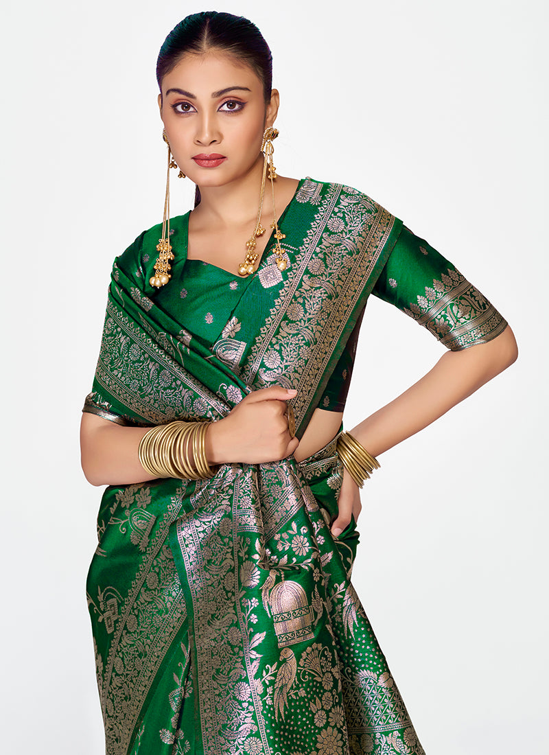 Banarasi Silk Emerald Green Party Wear Zari Weaving Work Saree 387508