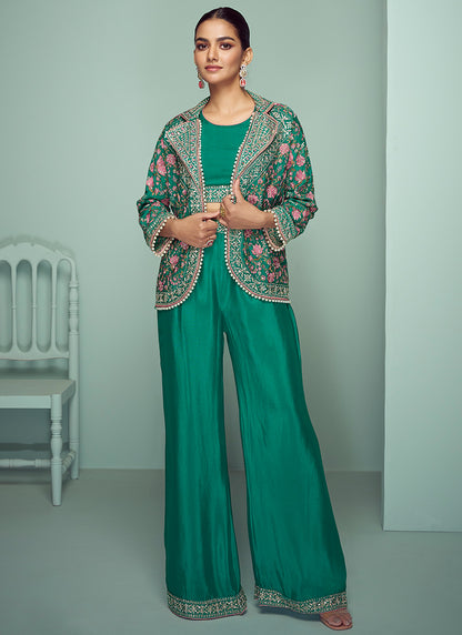 Emerald Green Chinon Embroidery Work Party Wear Readymade Plazzo Suit SW595983