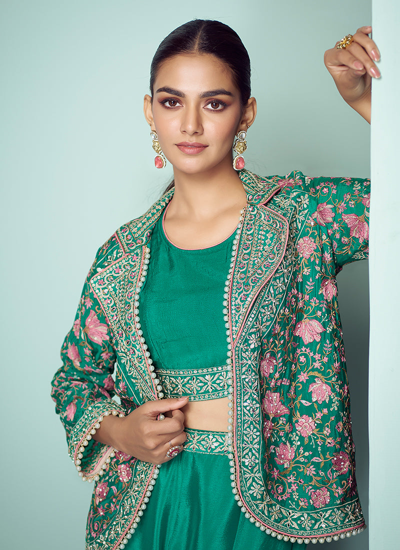 Emerald Green Chinon Embroidery Work Party Wear Readymade Plazzo Suit SW595983