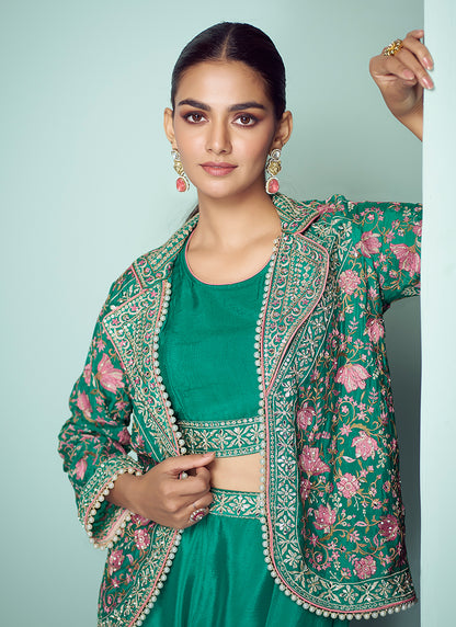 Emerald Green Chinon Embroidery Work Party Wear Readymade Plazzo Suit SW595983