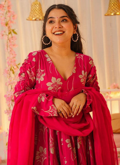 Rayon Hot Pink Party Wear Digital Print Work Readymade Gown 387189