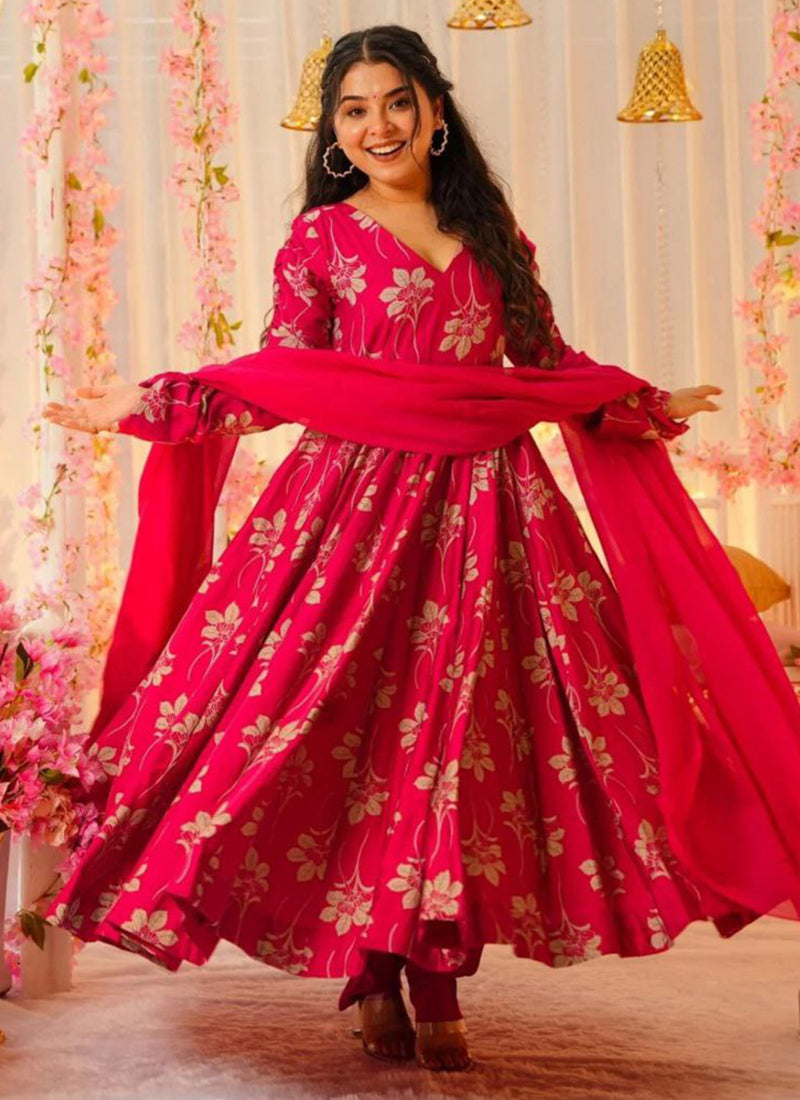 Rayon Hot Pink Party Wear Digital Print Work Readymade Gown 387189