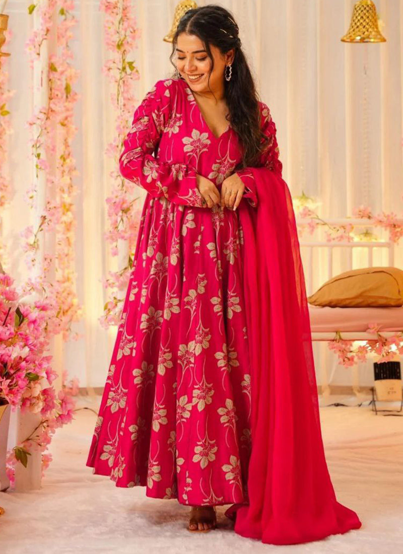 Rayon Hot Pink Party Wear Digital Print Work Readymade Gown 387189