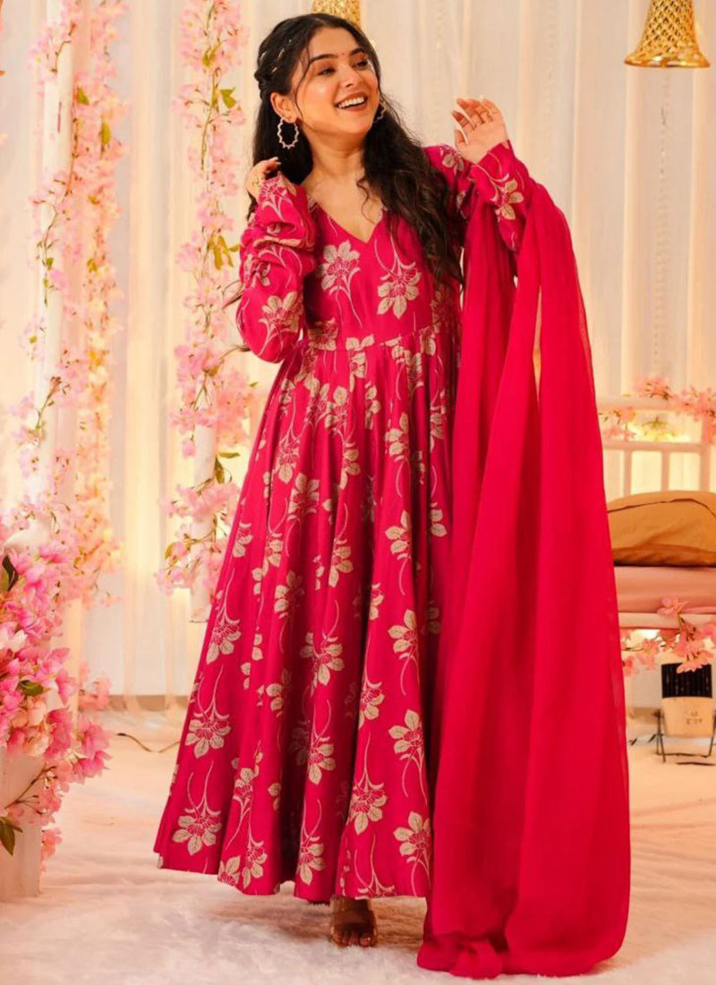 Rayon Hot Pink Party Wear Digital Print Work Readymade Gown 387189