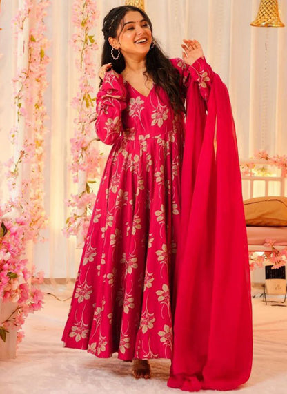 Rayon Hot Pink Party Wear Digital Print Work Readymade Gown 387189