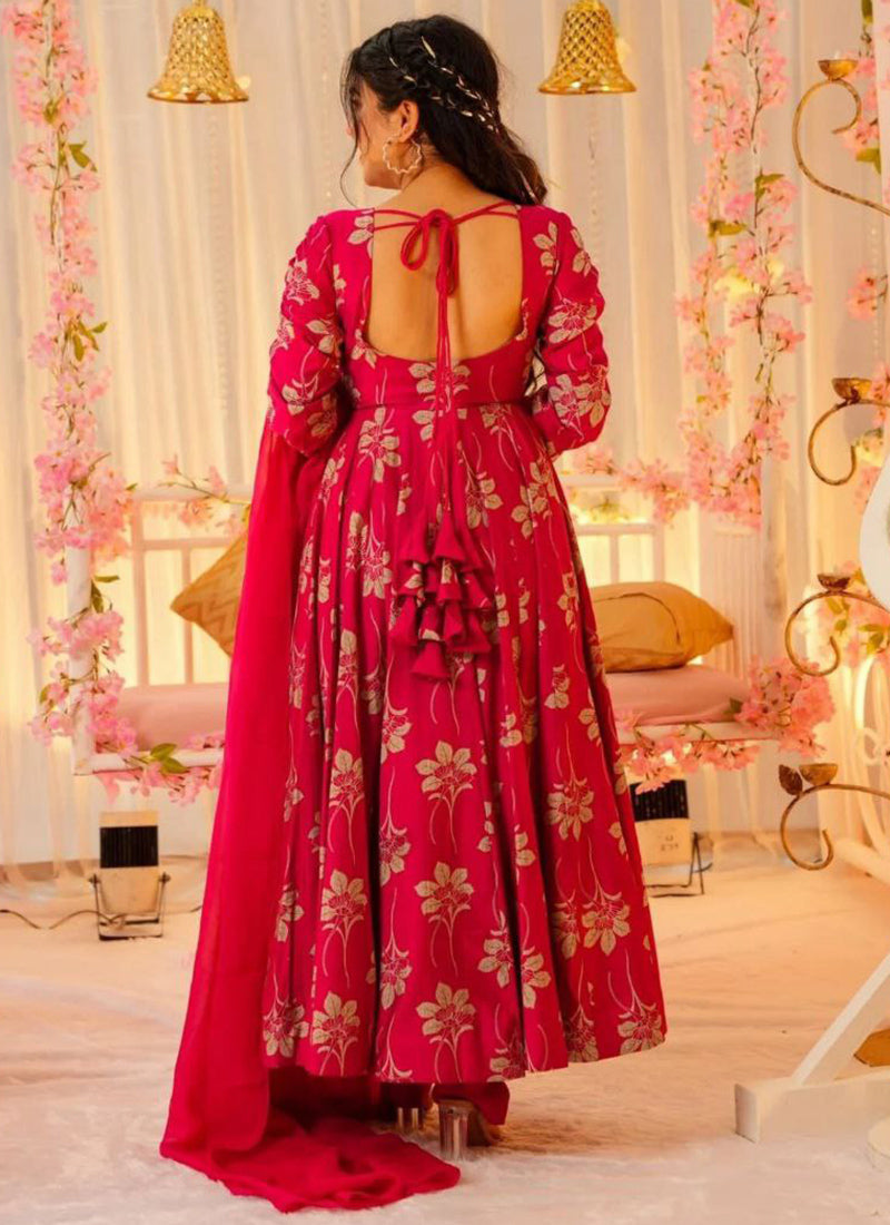 Rayon Hot Pink Party Wear Digital Print Work Readymade Gown 387189