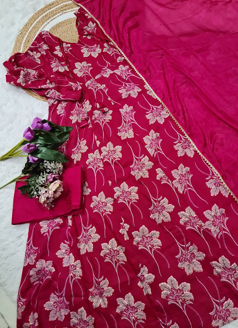 Rayon Hot Pink Party Wear Digital Print Work Readymade Gown 387189