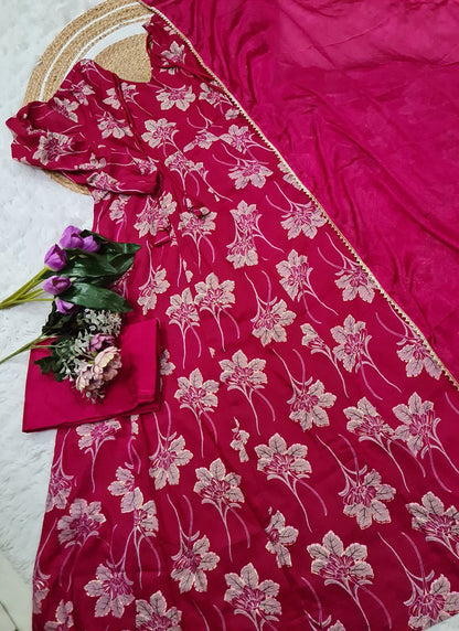 Rayon Hot Pink Party Wear Digital Print Work Readymade Gown 387189
