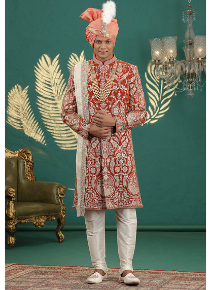 Art Silk Fanta Groom Wear Thread Work Readymade Groom Sherwani 385476