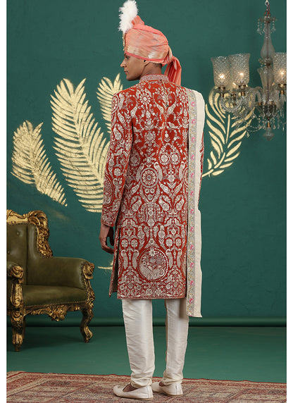 Art Silk Fanta Groom Wear Thread Work Readymade Groom Sherwani 385476