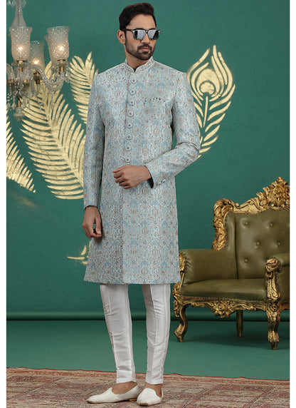 Art Silk Firozi Green Groom Wear Thread Work Readymade Sherwani 385487