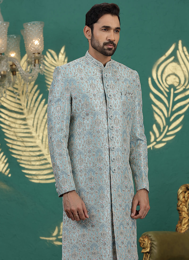 Art Silk Firozi Green Groom Wear Thread Work Readymade Sherwani 385487