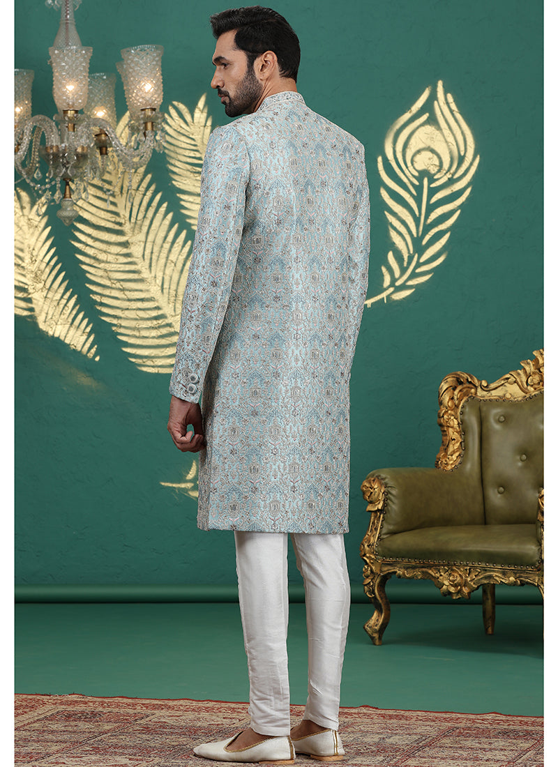 Art Silk Firozi Green Groom Wear Thread Work Readymade Sherwani 385487