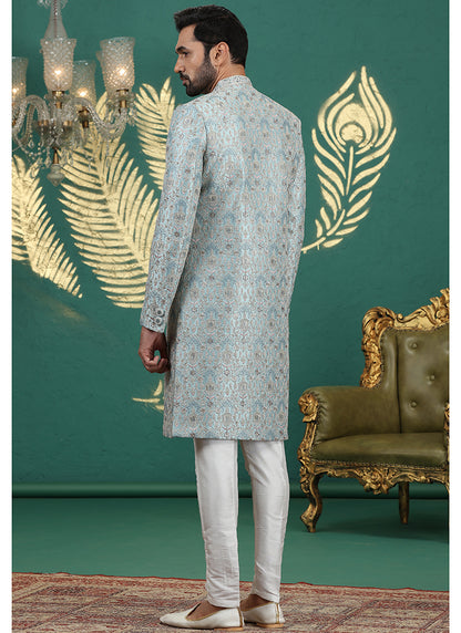 Art Silk Firozi Green Groom Wear Thread Work Readymade Sherwani 385487
