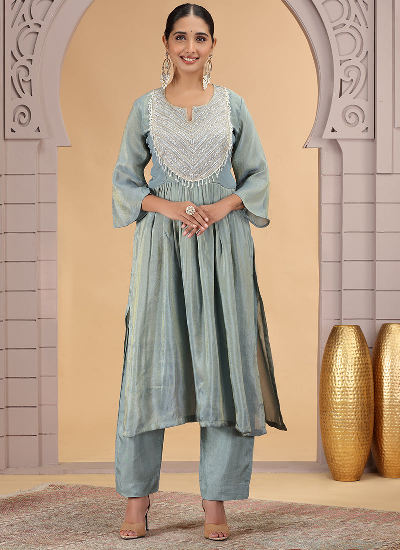 Organza Shimmer Firozi Party Wear Pattern Pc Work Readymade Kurti With Pant 386173