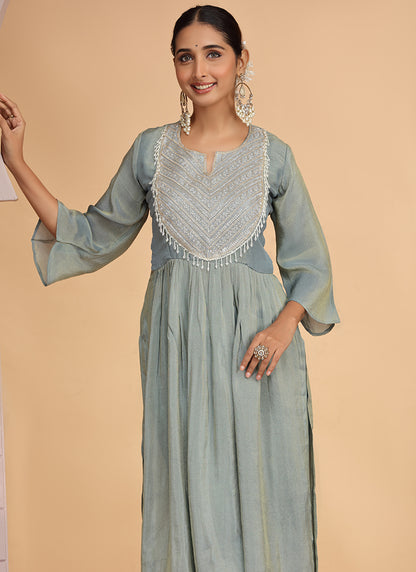 Organza Shimmer Firozi Party Wear Pattern Pc Work Readymade Kurti With Pant 386173