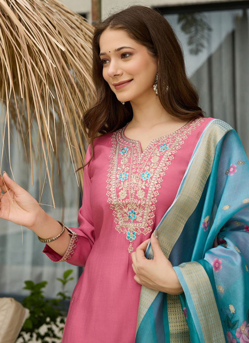 Viscose Pink Casual Wear Embroidery Work Readymade Salwar Suit 387190