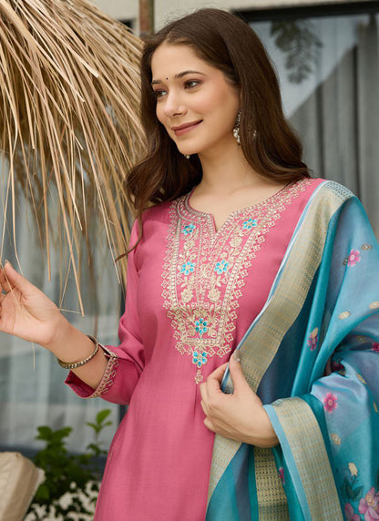 Viscose Pink Casual Wear Embroidery Work Readymade Salwar Suit 387190