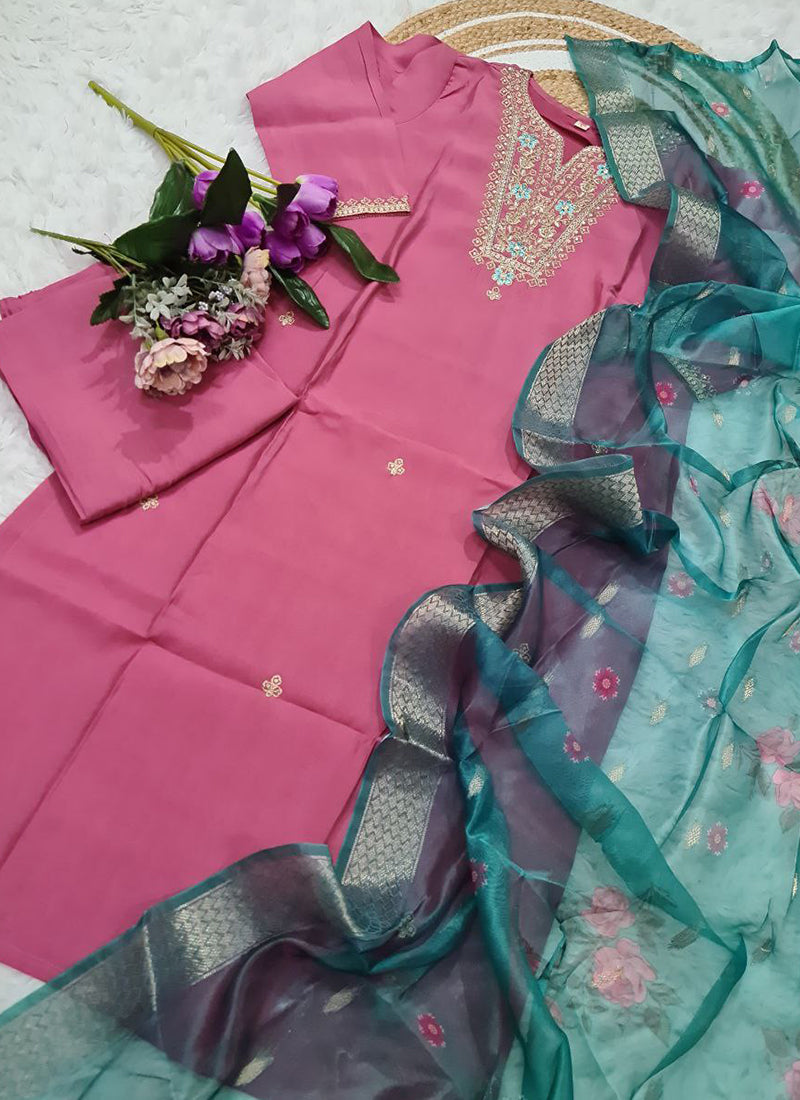 Viscose Pink Casual Wear Embroidery Work Readymade Salwar Suit 387190