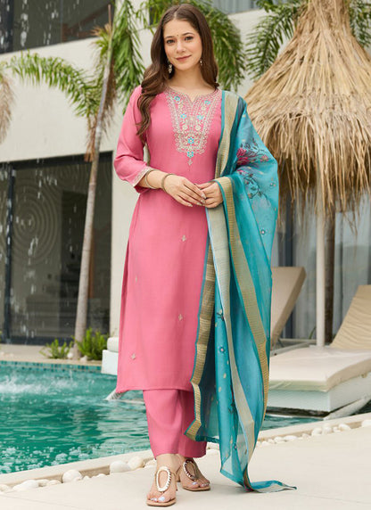 Viscose Pink Casual Wear Embroidery Work Readymade Salwar Suit 387190